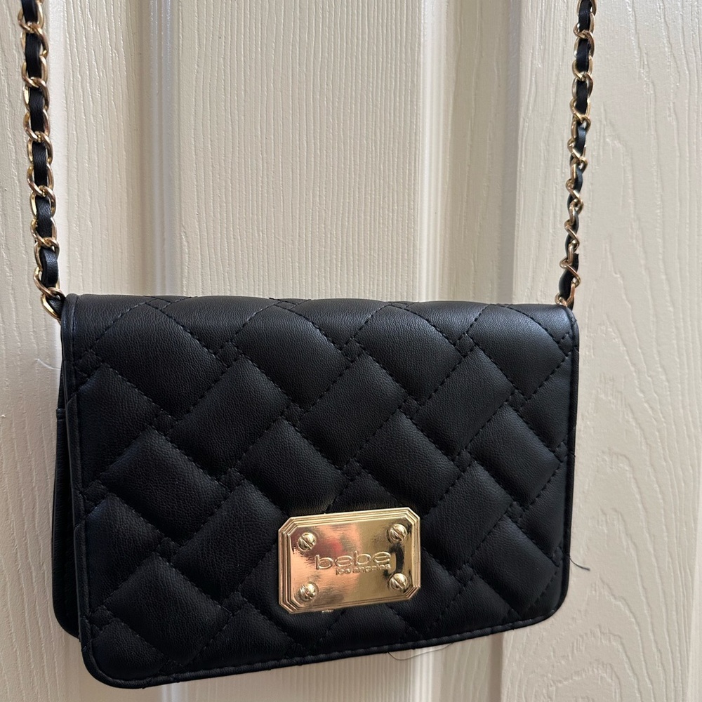 Bebe Quilted Black Crossbody Bag with Gold Accents